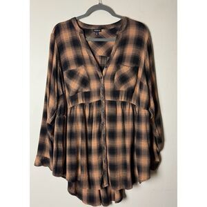 Torrid Emma Plaid Challis Babydoll Tunic Top Women Plus Size 2X Brown Black